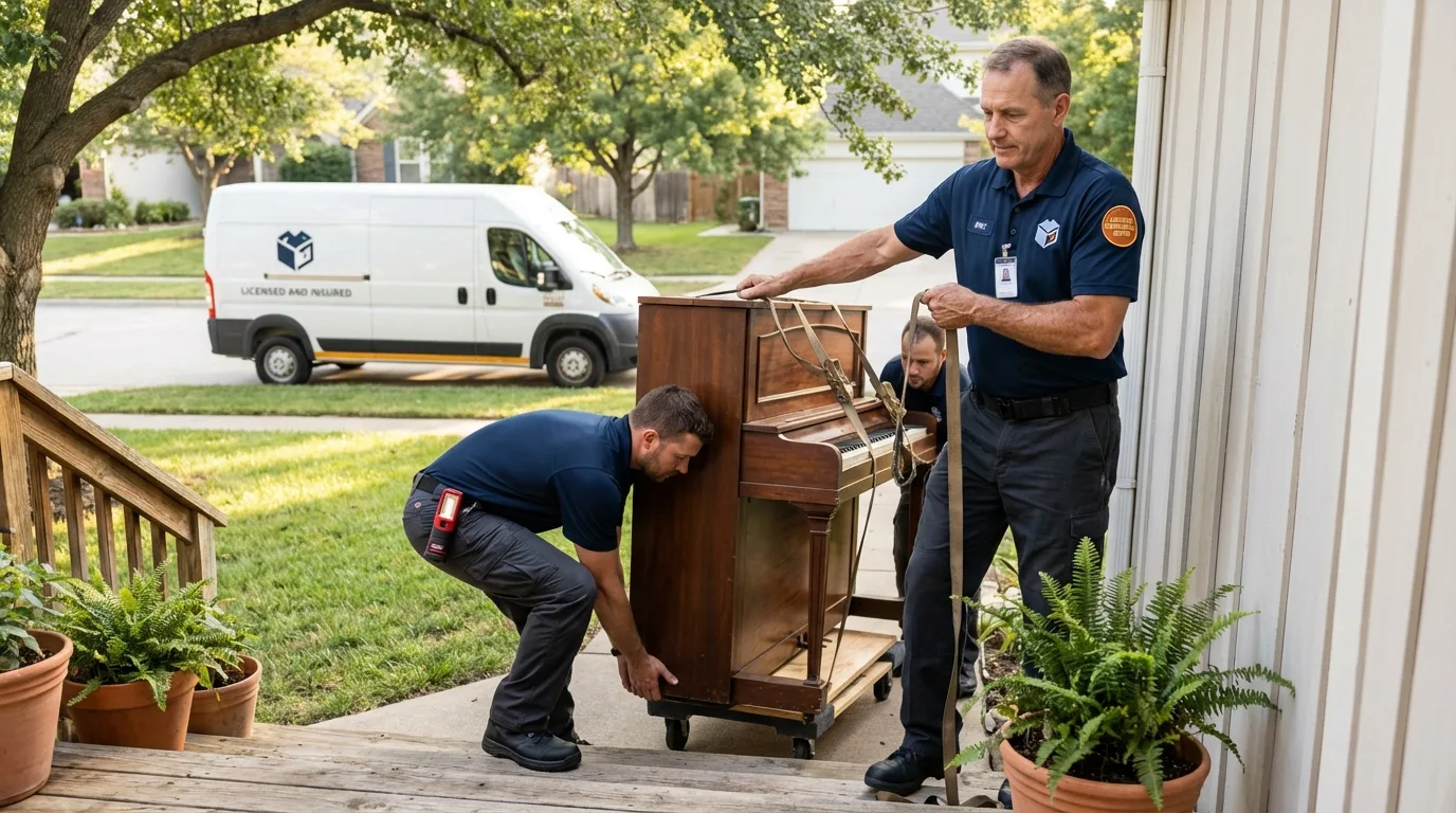 Licensed piano movers securing grand piano in Porcupine, SD