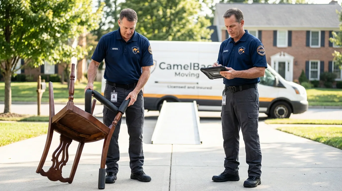 Movers inspecting furniture for damage prevention before loading in Porcupine, SD