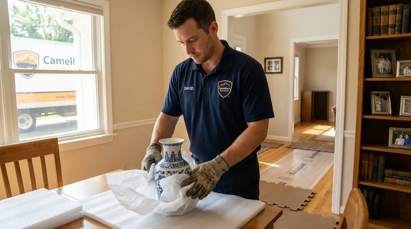 Professional crew carefully wrapping antique vase for senior downsizing move in Porcupine, SD